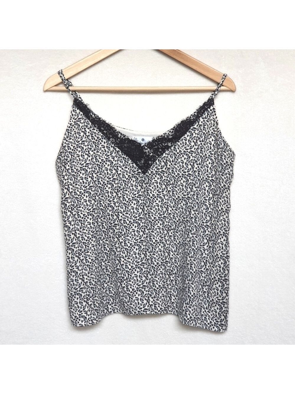 Socialite Leopard Print Spaghetti Strap Lace Trim Top in M Gray Black - Picture 2 of 14